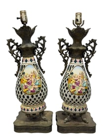 Pair of Mid 20th C. Capodimonte Brass Mounted Porcelain Lamps