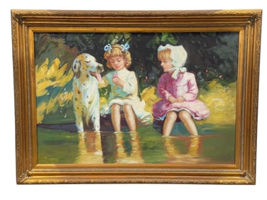Oil on Canvas "2 Girls & Their Dog" Painting