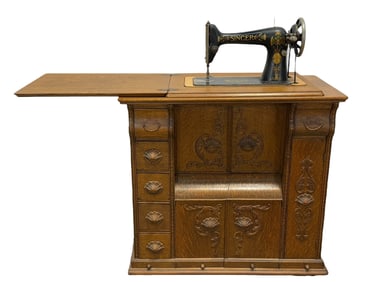Antique Singer Sewing Machine Tiger Oak Embossed Cabinet