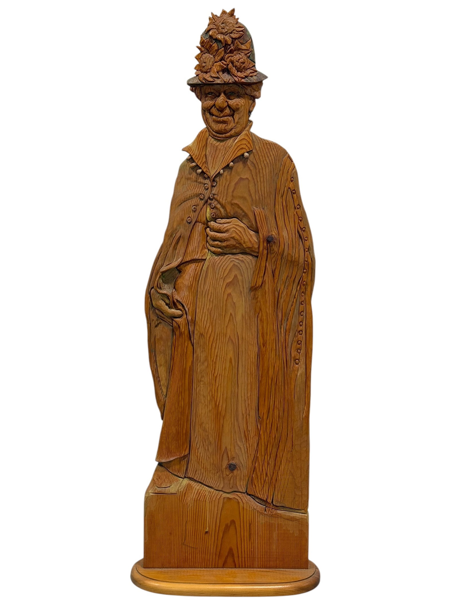 Signed Folk Art Heart Pine Carving of The Queen: Signed Folk Art Heart Pine Carving of The Queen. Signature seems to read Rick Henry. Measures 37.5" H x 13" W x 5" D.
