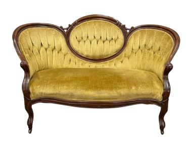 Antique Gold Velvet Walnut Settee w/ Tufted Back