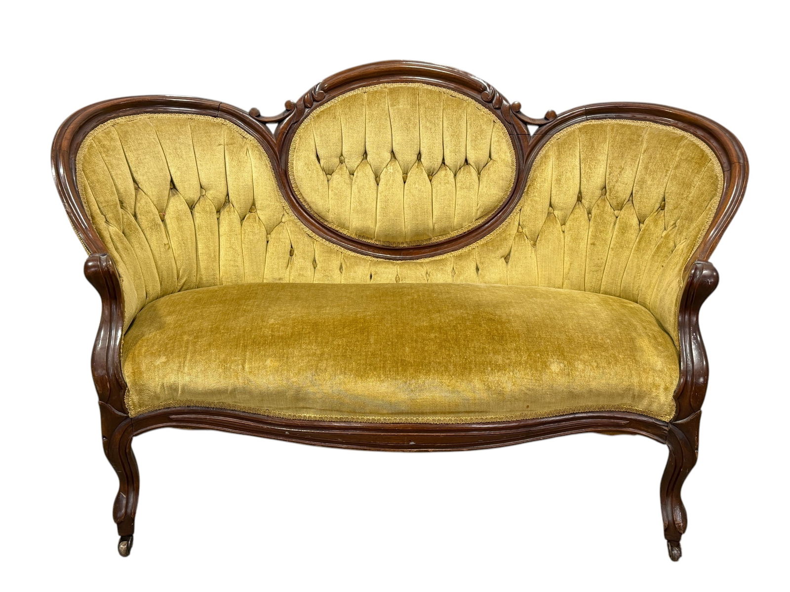 Antique Gold Velvet Walnut Settee w/ Tufted Back: Antique Gold Velvet Walnut Settee w/ Tufted Back. Measures 34.75" H x 58" W x 30" D.