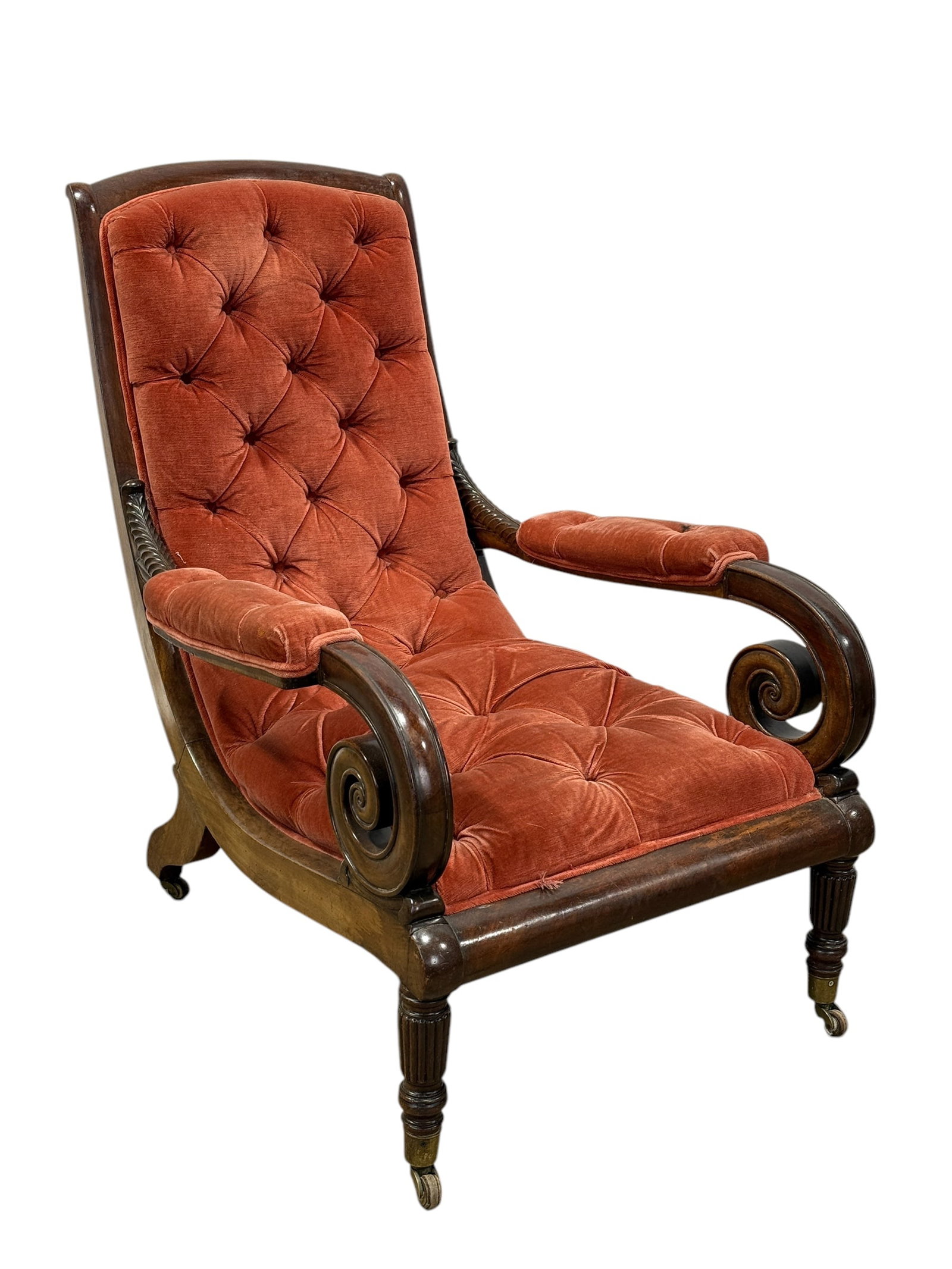 19th C. English Regency Library Chair: 19th C. English Regency Library Chair. Measures 38" H x 27" W x 39.5" D. Seat height measures 15.5" H.