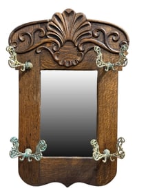 Antique Tiger Oak Wall Hanging Mirror w/ Coat Racks