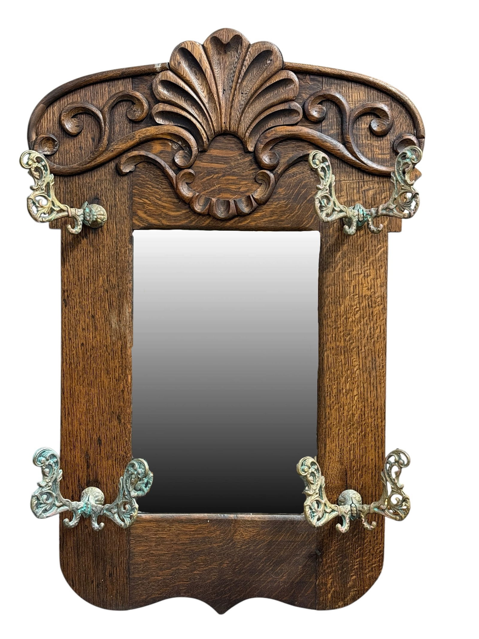 Antique Tiger Oak Wall Hanging Mirror w/ Coat Racks: Antique Tiger Oak Wall Hanging Mirror w/ Coat Racks. Measures 35.25" x 23.75".
