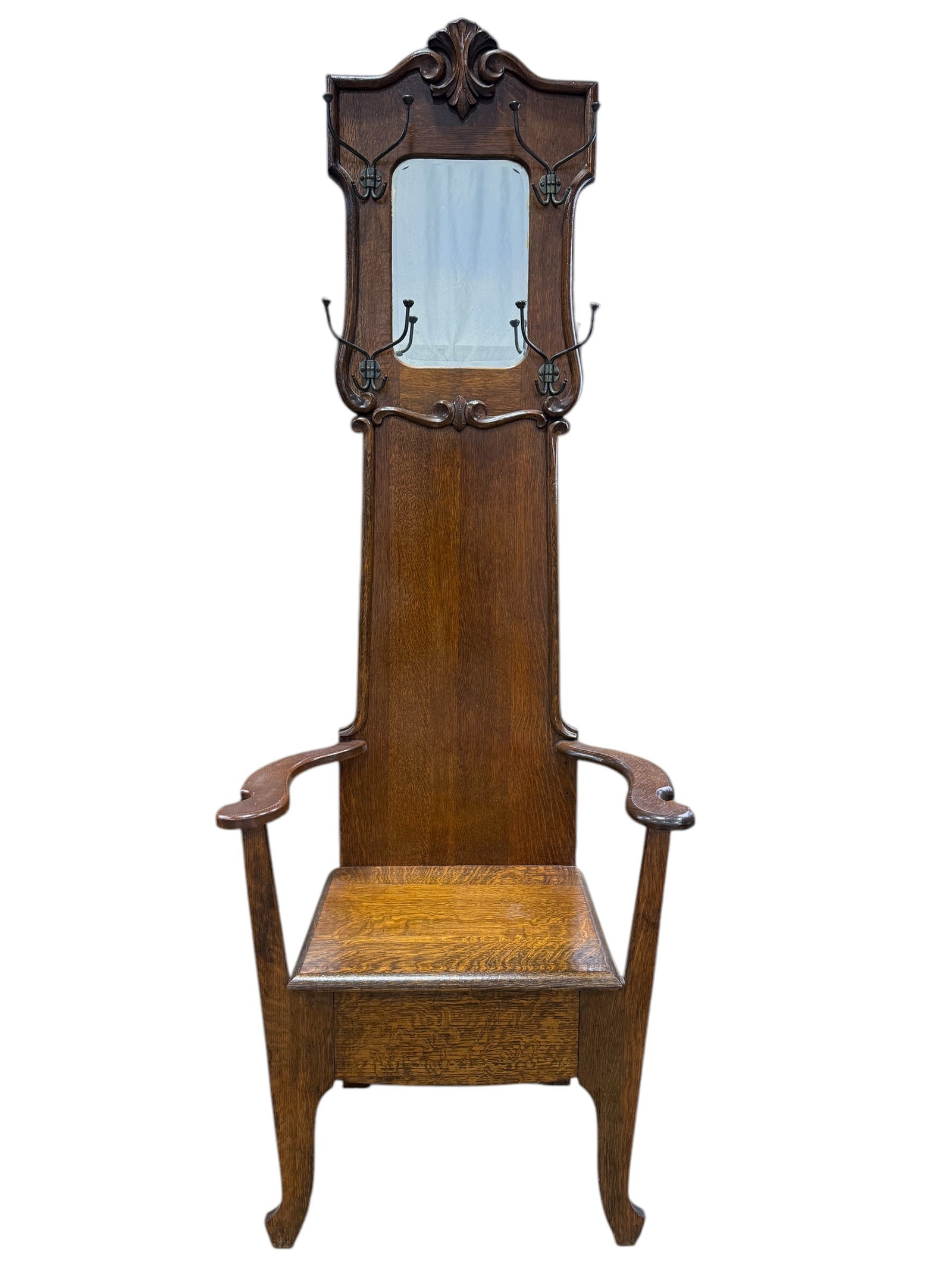 Antique Tiger Oak Hall Seat w/ Mirror: Antique Tiger Oak Hall Seat w/ Mirror. Measures 76.5" H x 27.75" W x 17.5" D.