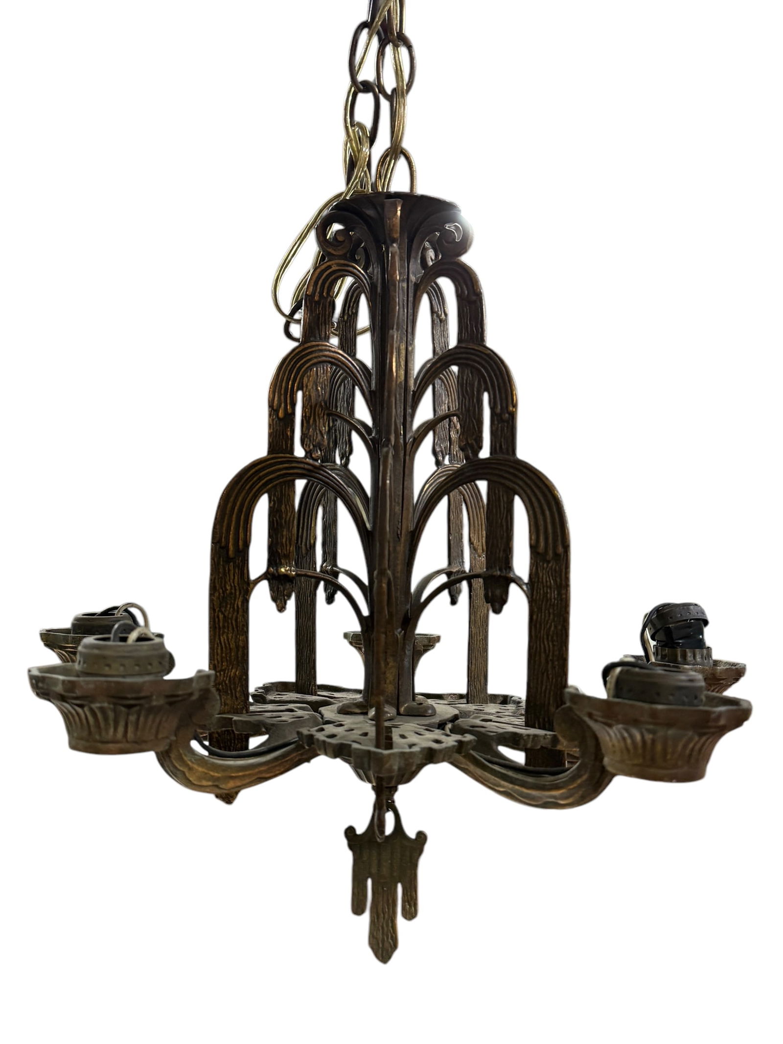 Antique Art Deco Brass Fountain Chandelier: Antique Art Deco Brass Fountain Chandelier. Measures 16.5" H x 15.5" W x 15.5" D.