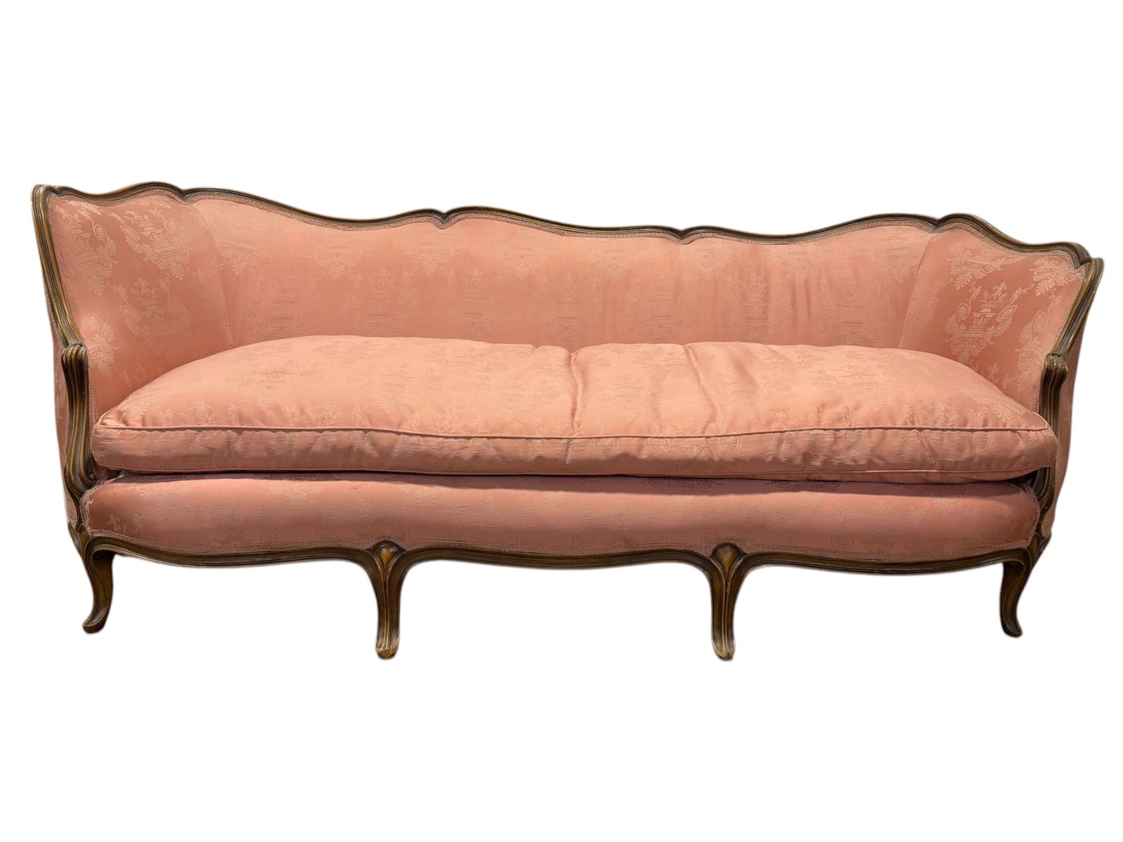 Late 19th C. French Provincial Walnut Sofa: Late 19th C. French Provincial Walnut Sofa. Measures 33" H x 84.5" W x 34" D. Sseat height measures 18.5" Tall.