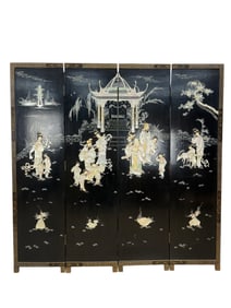 4 Panel Chinese Black Lacquer Mother of Pearl Screen
