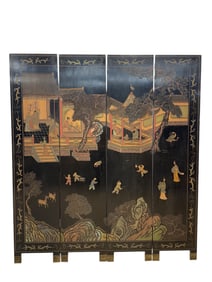 4 Panel Chinese Black Lacquer Embossed Screen