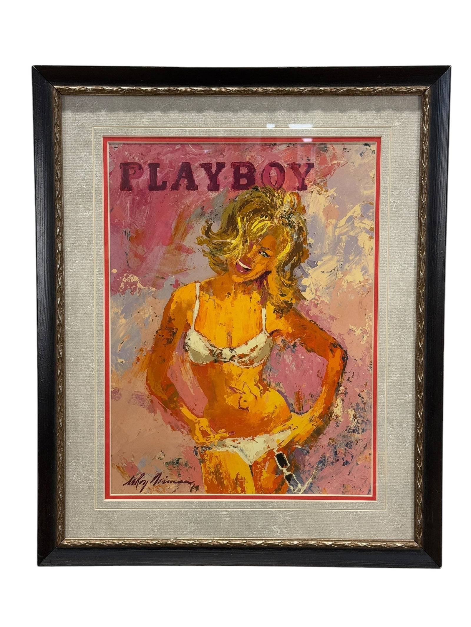 Leroy Neiman "Blonde Pin-Up in White Bikini, Playboy, 1964" Print: Leroy Neiman "Blonde Pin-Up in White Bikini, Playboy, 1964" Print. Print measures 15.75" x 11.75". Frame measures 22" x 18".