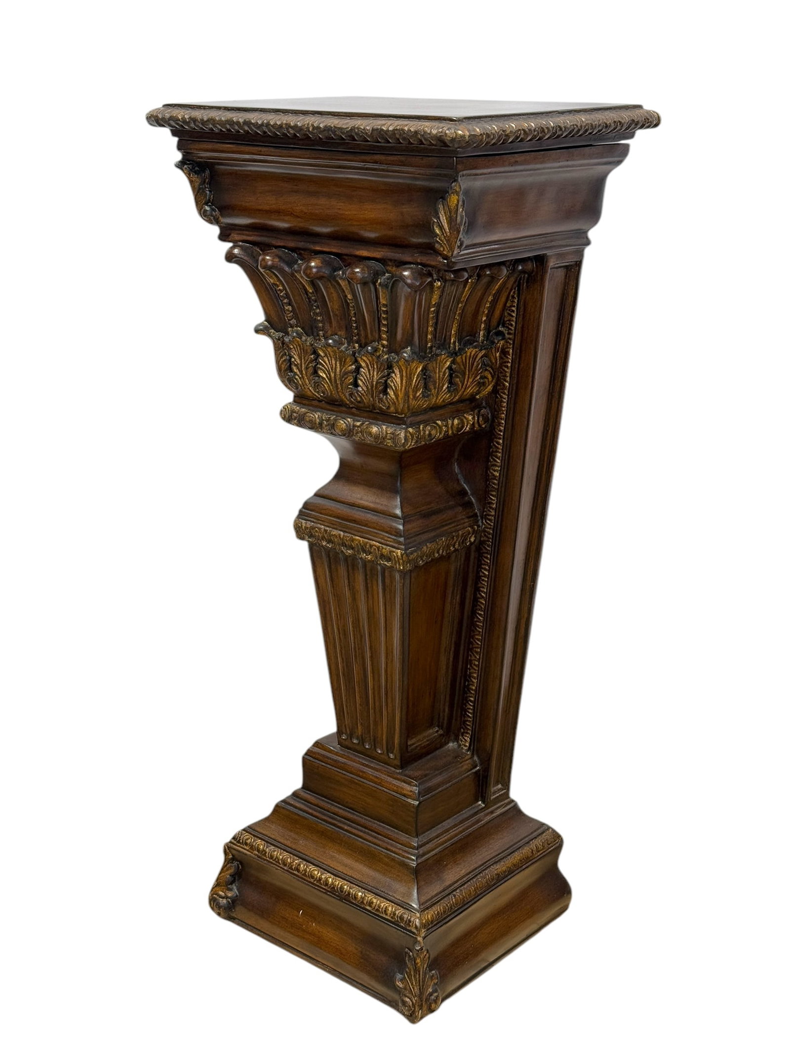Maitland Smith Intricate Carved Gilt Wood Pedestal w/ Compartment: Maitland Smith Intricate Carved Gilt Wood Pedestal w/ Compartment. Measures 38.25" H x 17" W x 14" D.