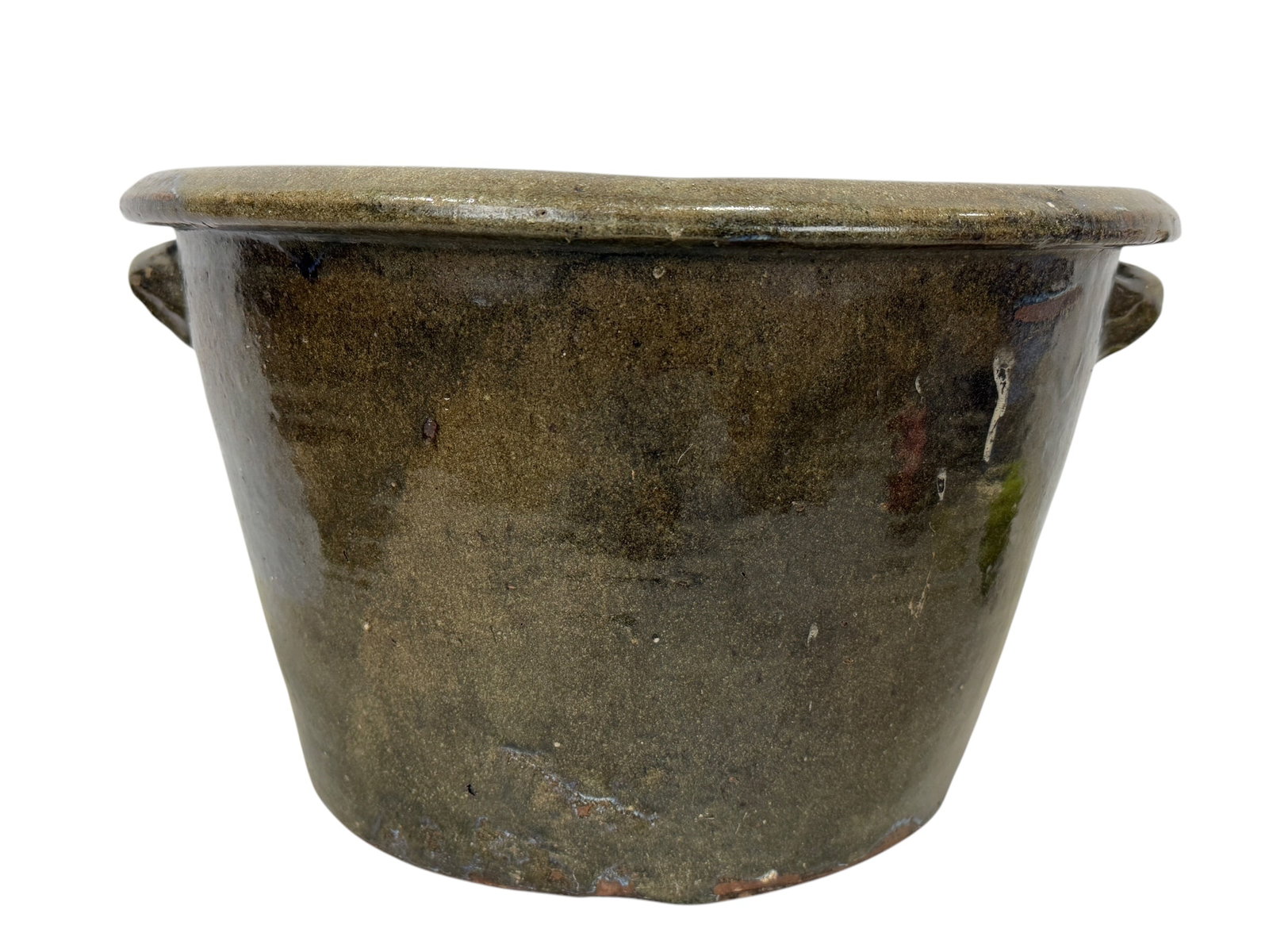 Large Brown Glazed Pottery Pot: Large Brown Glazed Pottery Pot. Measures 10.25" H x 17.5" W x 17" D.