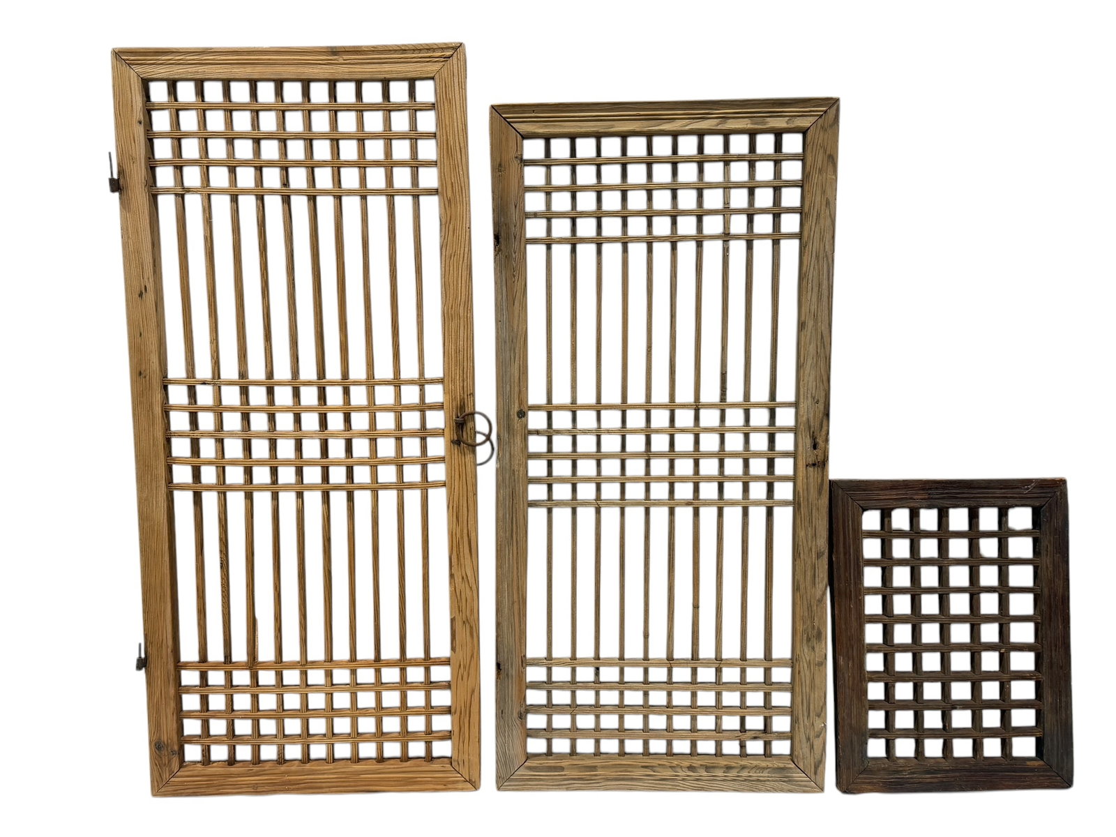 Group of 3 Antique Chinese Geometric Windows: Group of 3 Antique Chinese Geometric Windows. Measurements follow as pictured: 47.5" H x 21.5" W, 44" H x 21.5" W & 20.25" H x 15.25" W.