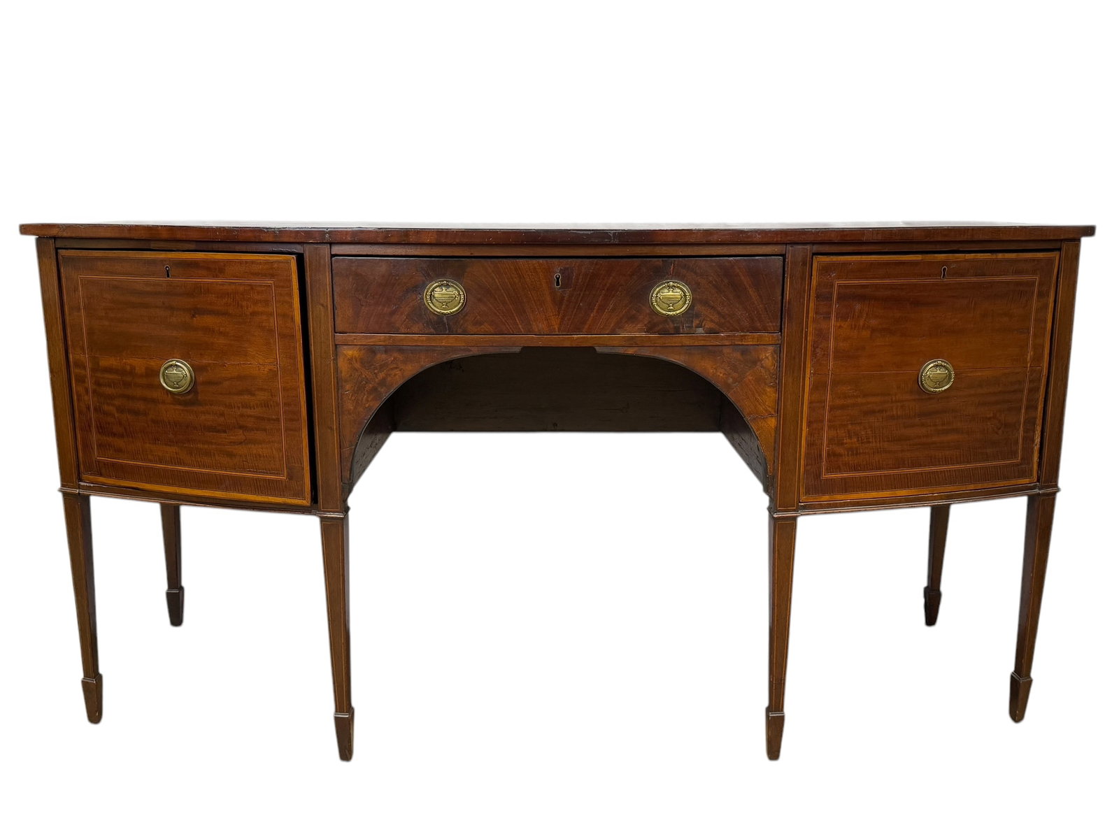 18th C. George III Flame Mahogany Inlaid Sideboard: 18th C. George III Flame Mahogany Inlaid Sideboard. Measures 36.75" H x 73" W x 27.75" D.