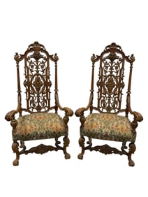Pair of Heavily Carved Antique Italian Renaissance Arm Chairs