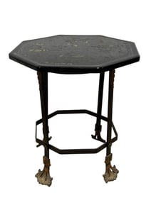 Vintage Etched Tile Top Chinese Octagon Table w/ Iron Base
