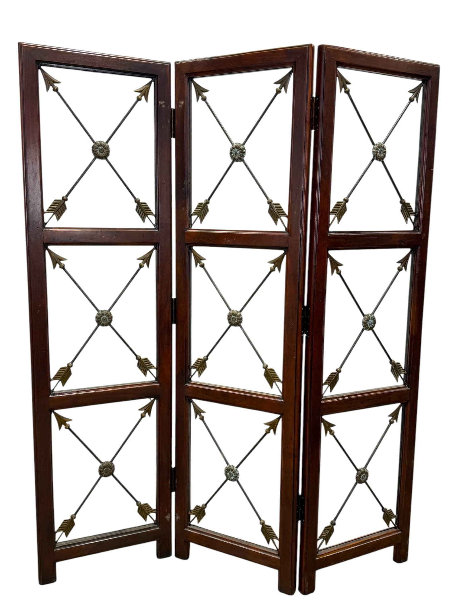 Regency Style Folding Screen w/ Bronze Trim Attr. to Maitland Smith: Regency Style Folding Screen w/ Bronze Trim Attr. to Maitland Smith. Overall measures 73" H x 59" W. Each panel measures 73" H x 19.75" W.