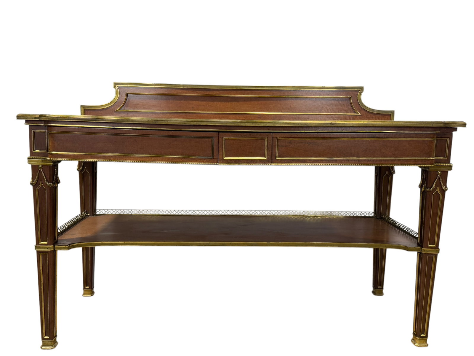French Louis XVI Style Server w/ Brass Accents: French Louis XVI Style Server w/ Brass Accents. Measures 44" H x 66" W x 27" D.