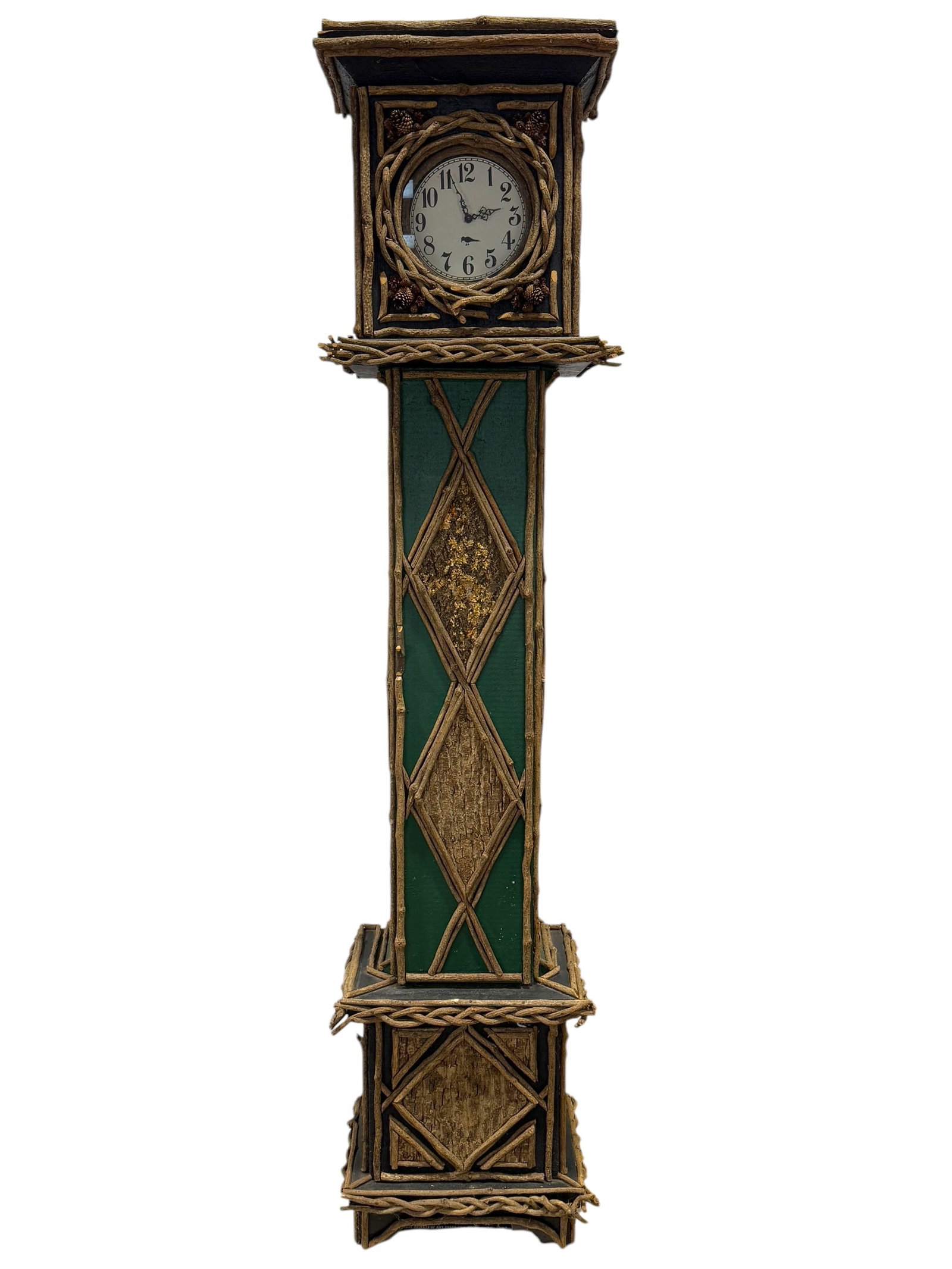 Vintage Jack Austin Twig Gradnfather Clock w/ Storage: Vintage Jack Austin Twig Gradnfather Clock w/ Storage. Battery powered and is working. Measures 87" H x 20.5" W x 15" D.