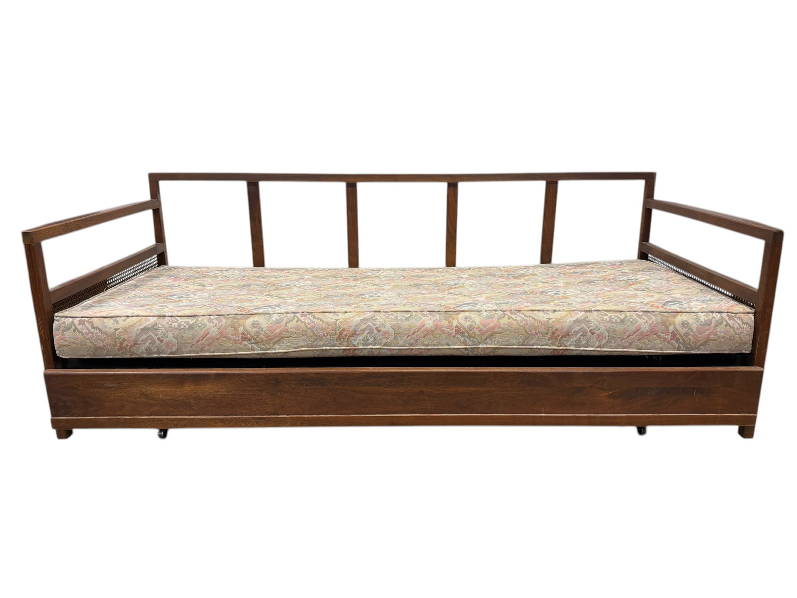 MCM Walnut & Cane Trundle Bed: MCM Walnut & Cane Trundle Bed. Measures 23" H x 78" W x 34" D.