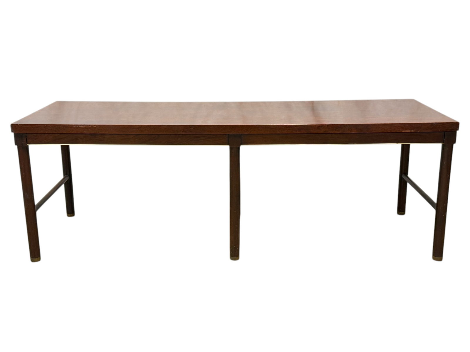 MCM Walnut Coffee Table w/ Brass Trim: MCM Walnut Coffee Table w/ Brass Trim. Measures 20.5" H x 60" W x 20" D.