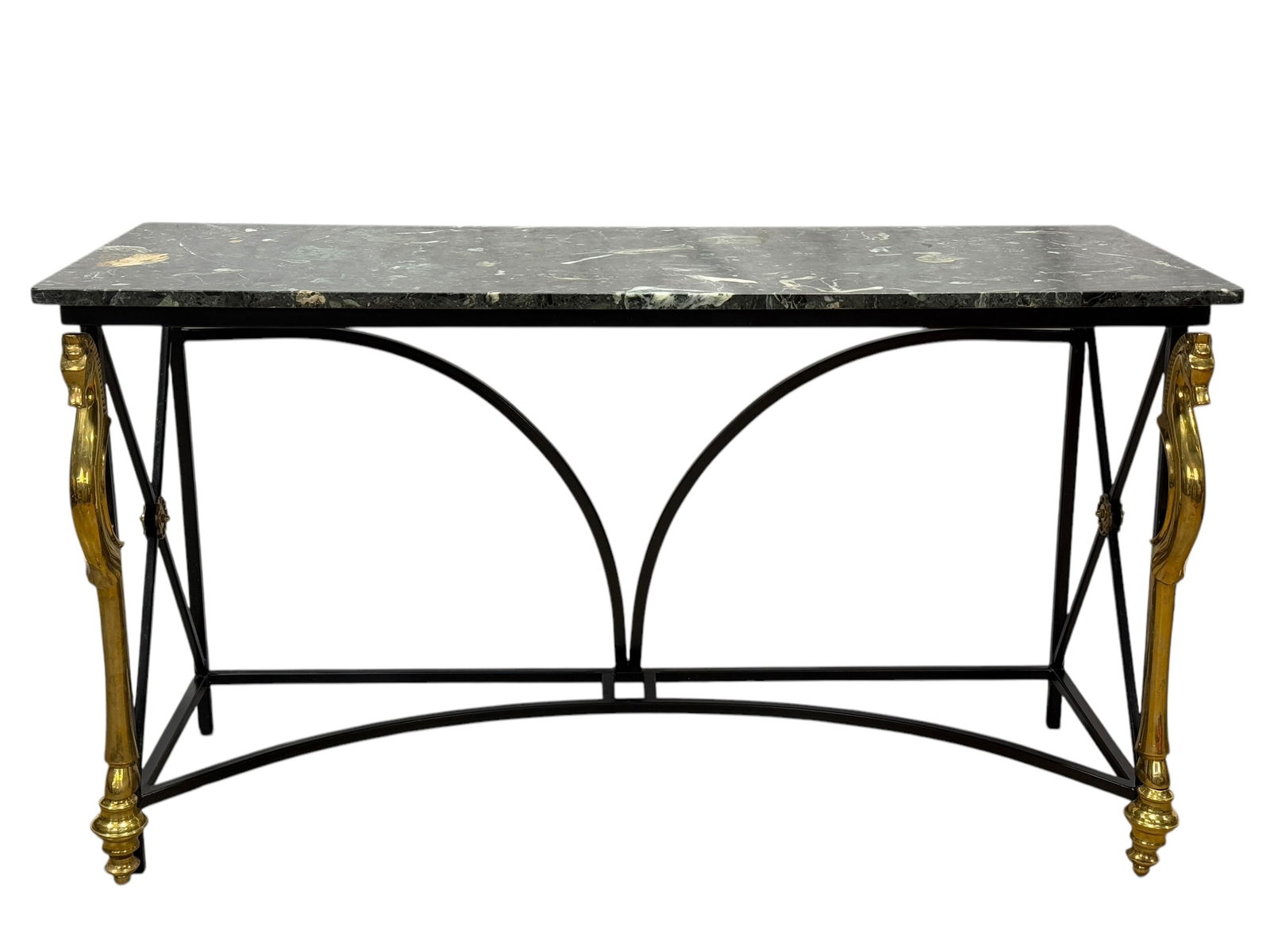 Verdi Marble Top Maison Charles Brass Horse & Steel Console Table: Verdi Marble Top Maison Charles Brass Horse & Steel Console Table. Measures 28.5" H x 51.25" W x 21.25" D.