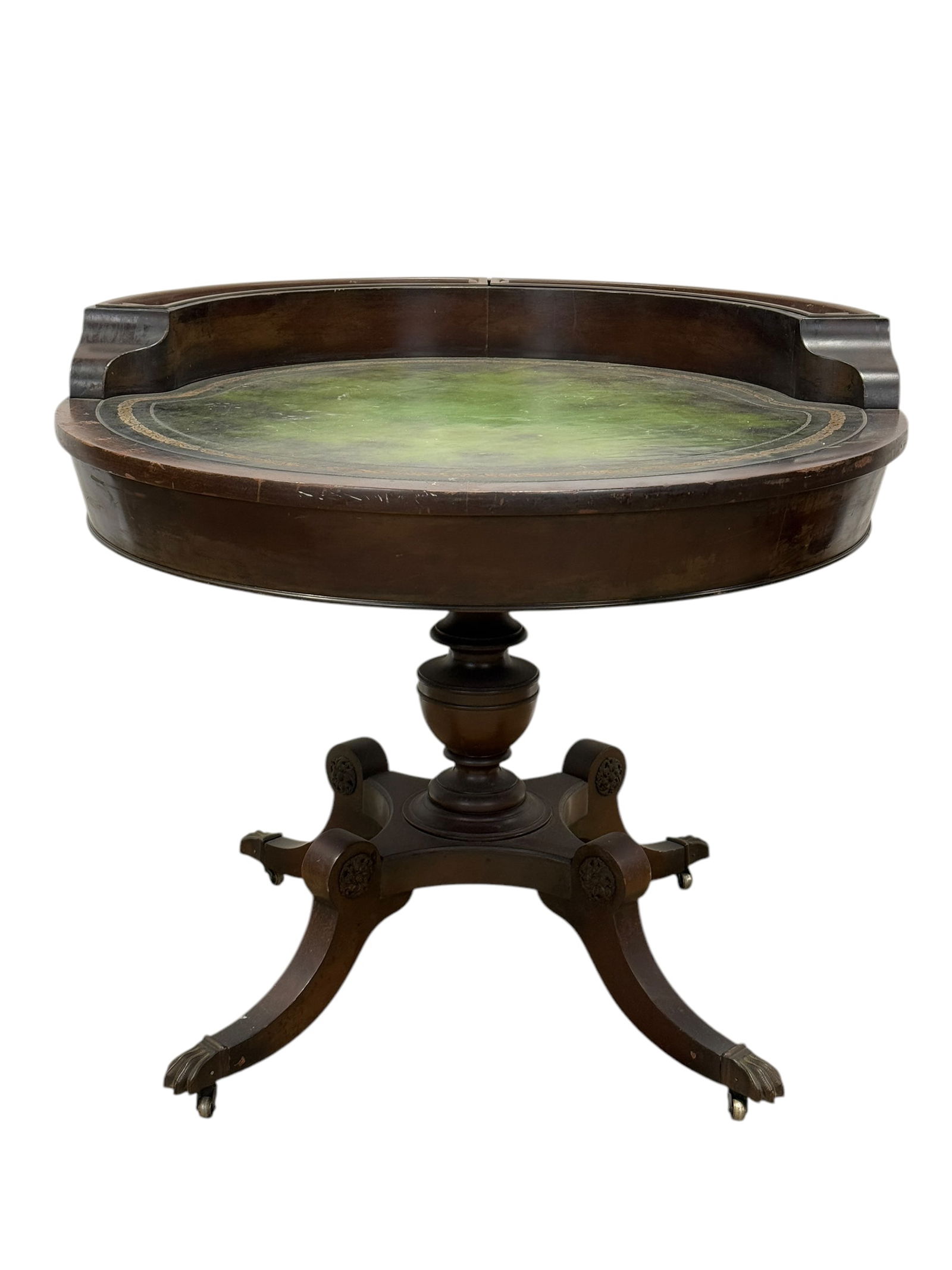 Antique Mahogany Drum Table w/ Planter Gallery: Antique Mahogany Drum Table w/ Planter Gallery. Measures 31.5" H x 36.5" Diameter.