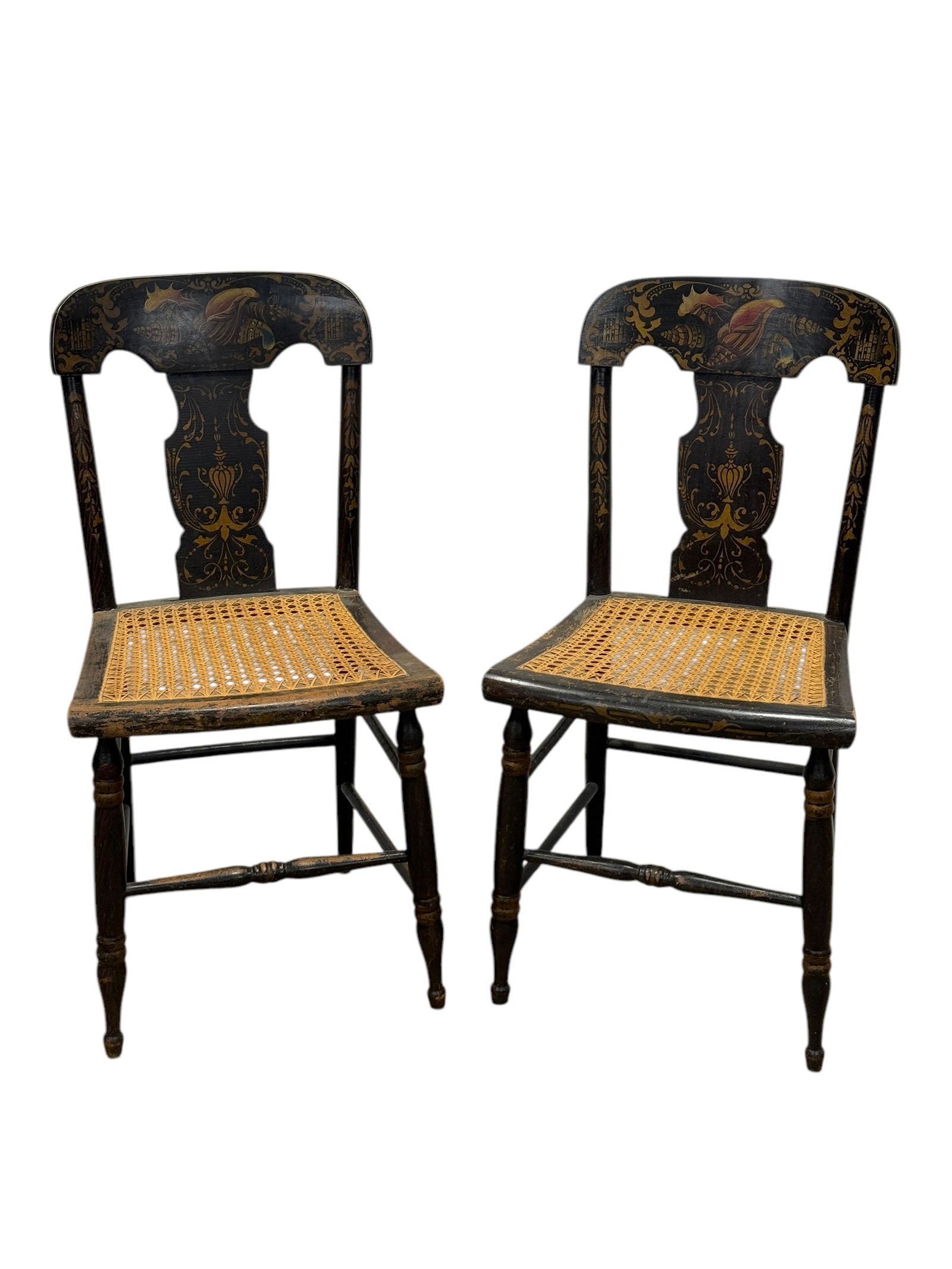 Pair of 19th C. Georgian Ebonized Painted Side Chairs: Pair of 19th C. Georgian Ebonized Painted Side Chairs. Measures 33" Tall seat height measures 18.5" Tall.