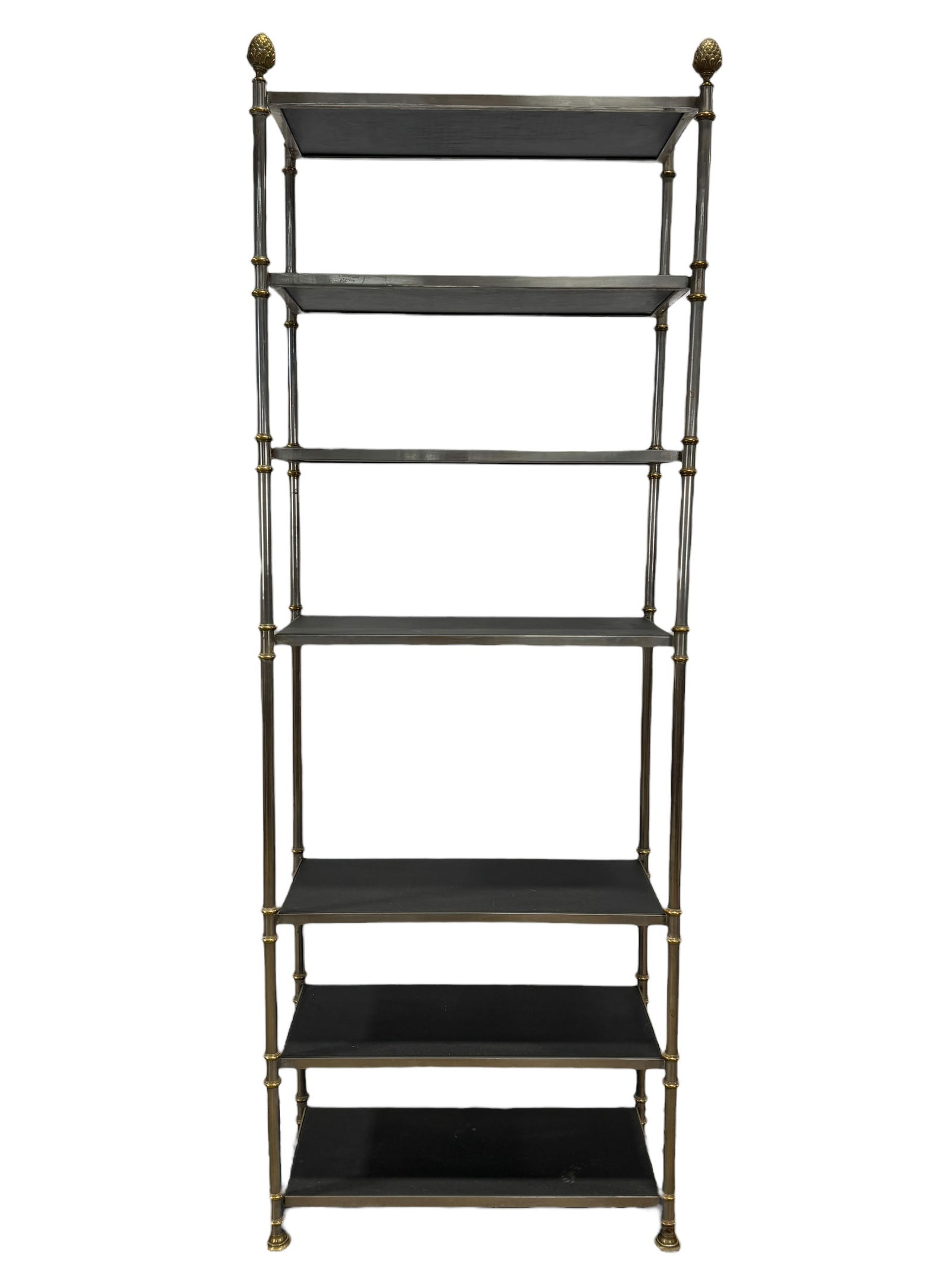 MCM Italian Steel & Brass Etagere Attr. To Maison Jansen: MCM Italian Steel & Brass Etagere Attr. To Maison Jansen w/ Leather Shelves. Measures 84" H x 30.25" W x 14.25" D.
