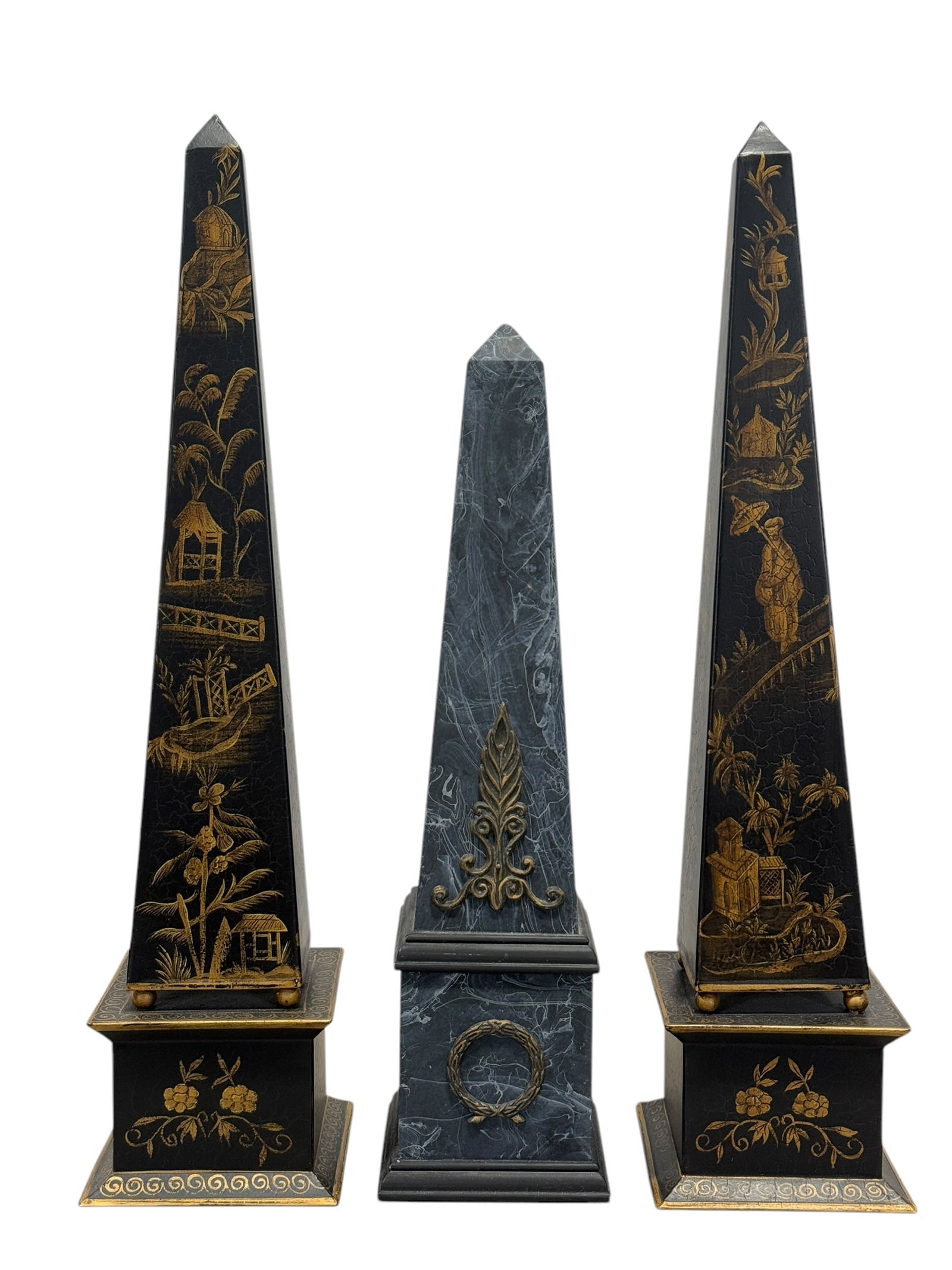Group of 3 Obelisk Sculptures: Group of 3 Obelisk Sculptures. Pair of John-Richard Obelisk Sculptures w/ Chinoiserie Style Painting has John-Richard label on the bottom and measure 21.75" Tall. Single Obelisk Sculpture is not marke