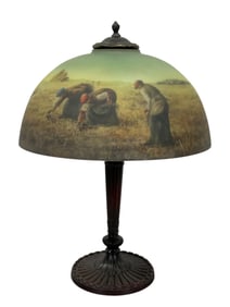 Fine Early 20th C. Reverse Painted "Harvester" Pittsburgh Table Lamp