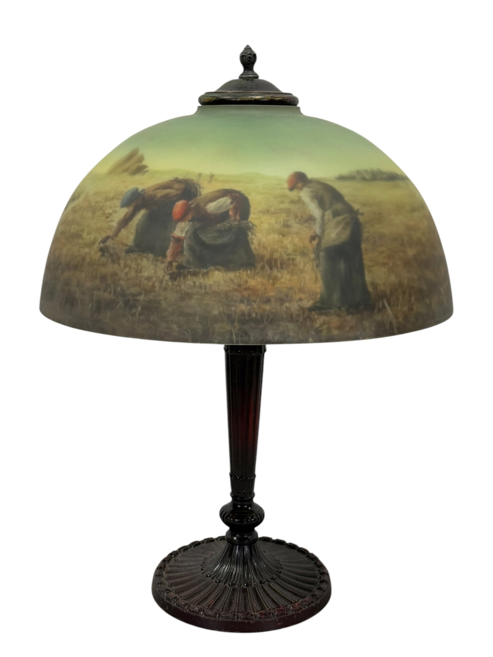 Fine Early 20th C. Reverse Painted "Harvester" Pittsburgh Table Lamp: Fine Early 20th C. Reverse Painted "Harvester" Pittsburgh Table Lamp. Overall measures . Shade measures 7.25" H x 15.5" W.