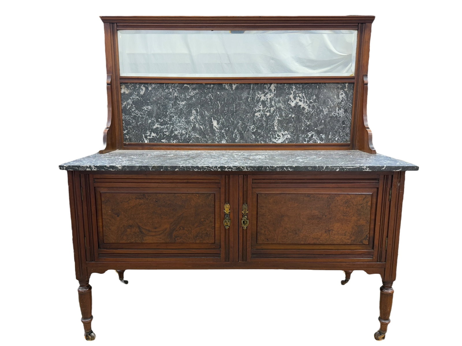 Antique Marble Top Walnut Washstand w/ Mirror: Antique Marble Top Walnut Washstand w/ Mirror. Measures 54.5" H x 52" W x 22" D.