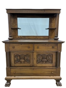 Late 19th C. Oak Carved Wood Sideboard w/ Mirrored Back