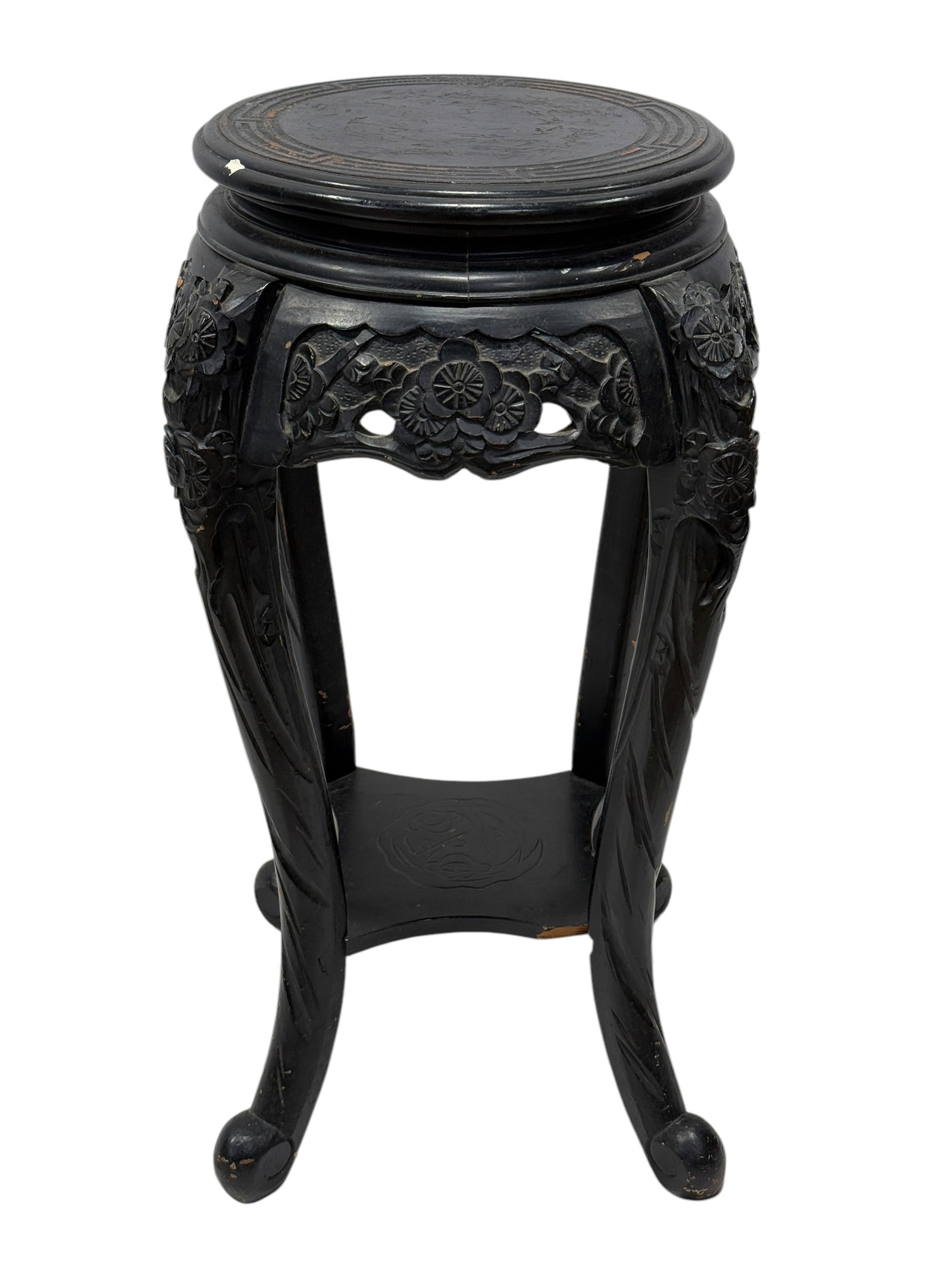 Chinese Carved Wood Black Lacquer Stand: Chinese Carved Wood Black Lacquer Stand. Measures 26.5" H x 14" W x 14" D.