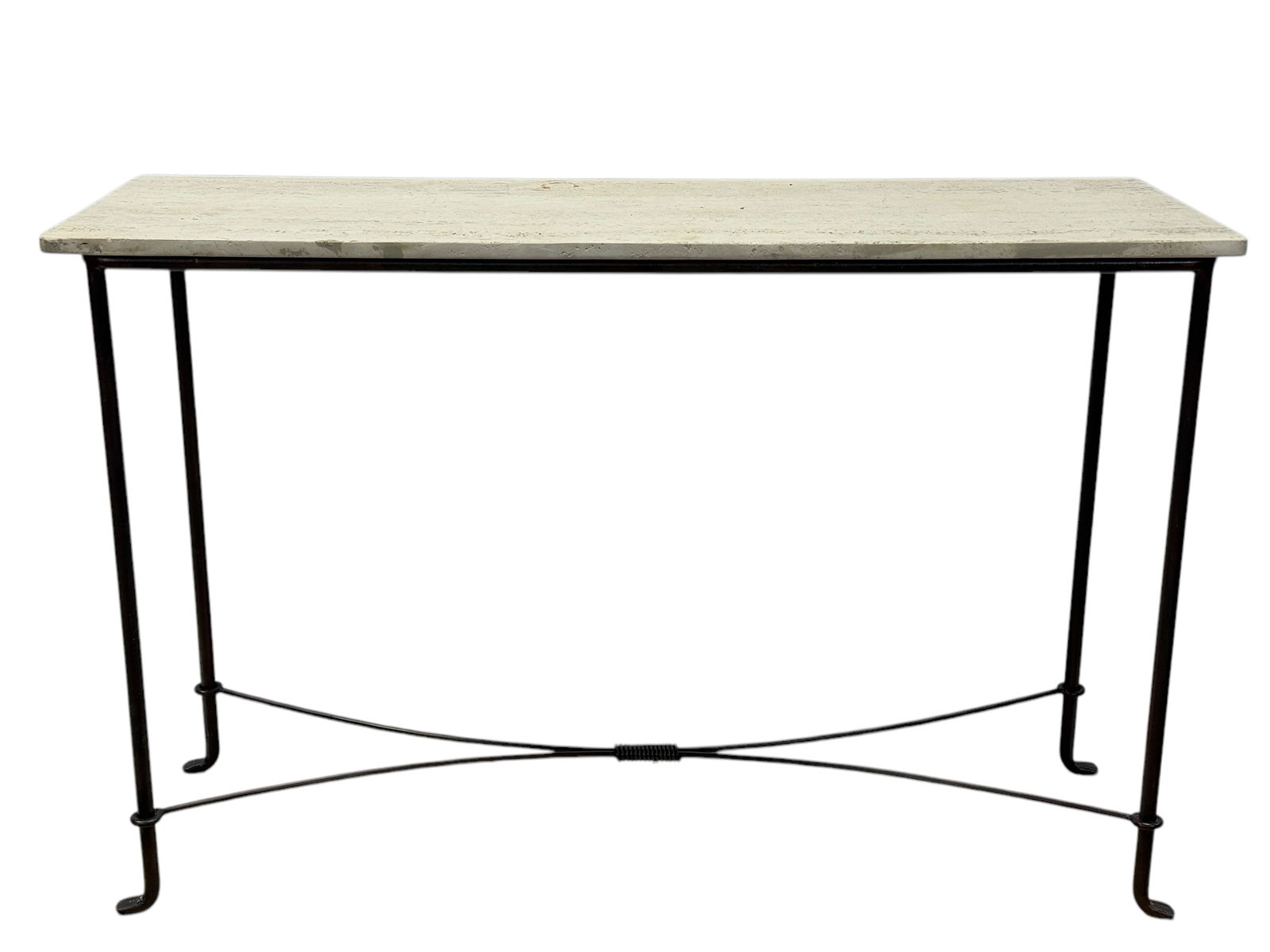 Iron Base Console Table w/ Travertine Top: Iron Base Console Table w/ Travertine Top. Measures 30.5" H x 47.75" W x 16.5" D.