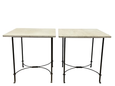Pair of Iron Base Side Tables w/ Travertine Tops