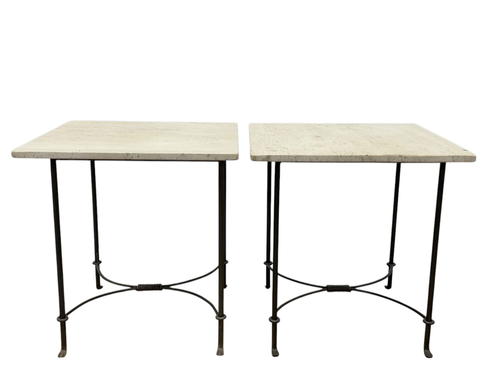 Pair of Iron Base Side Tables w/ Travertine Tops: Pair of Iron Base Side Tables w/ Travertine Tops. Measures 23" H x 22" W x 22" D.