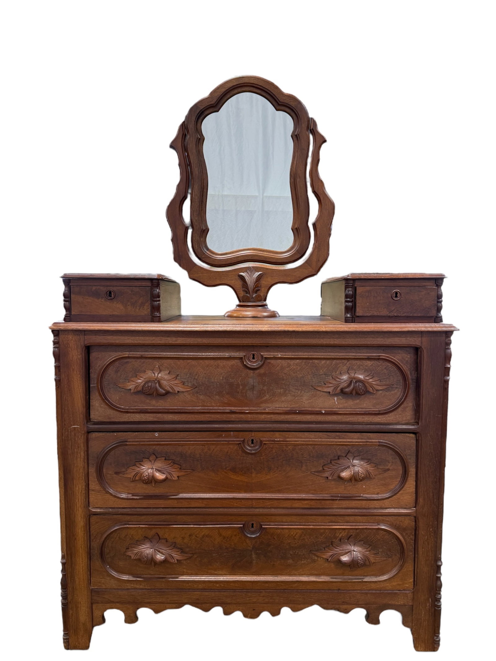 Victorian Renaissance Style Walnut Chest w/ Mirror: Victorian Renaissance Style Walnut Chest w/ Mirror. Measures 65.5" H x 41.75" W x 18.25" D.