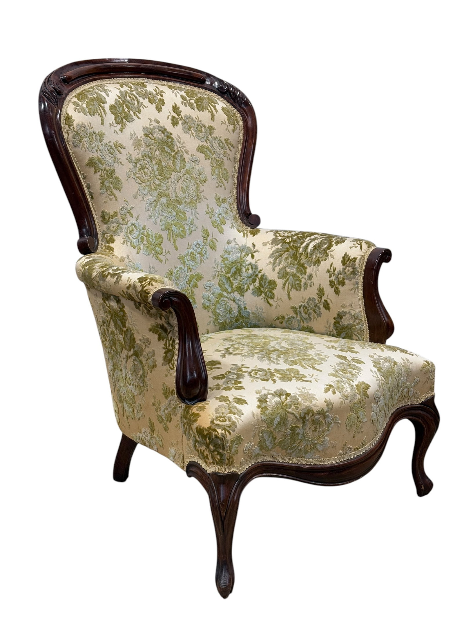 Victorian Walnut Arm Chair: Victorian Walnut Arm Chair. Measures 39.25" H x 27.75" W x 33" D. Seat height measures 15.5" Tall.