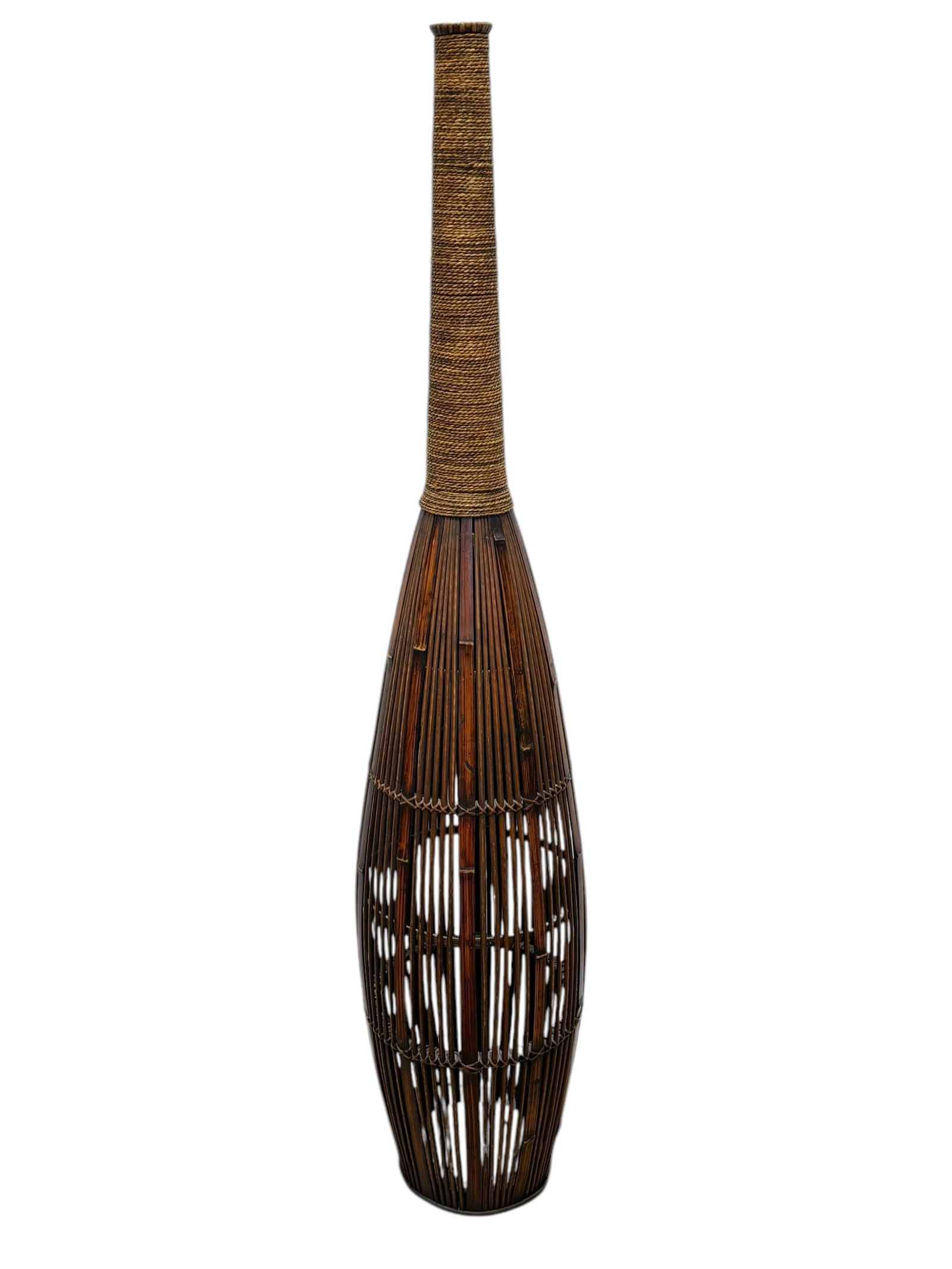 Stained Rattan Bamboo Woven Floor Vase: Stained Rattan Bamboo Woven Floor Vase. Measures 52" Tall.