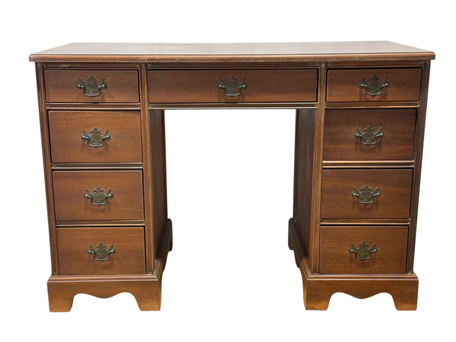 Vintage Kneehole Desk: Vintage Kneehole Desk. Measures 29" H x 41.75" W x 21" D.