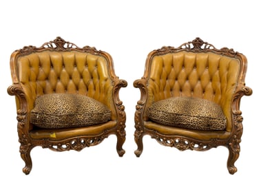 Pair of Tufted Carved Wood Arm Chairs