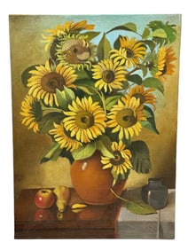 Mid Century Oil on Canvas Flower Still Life Painting