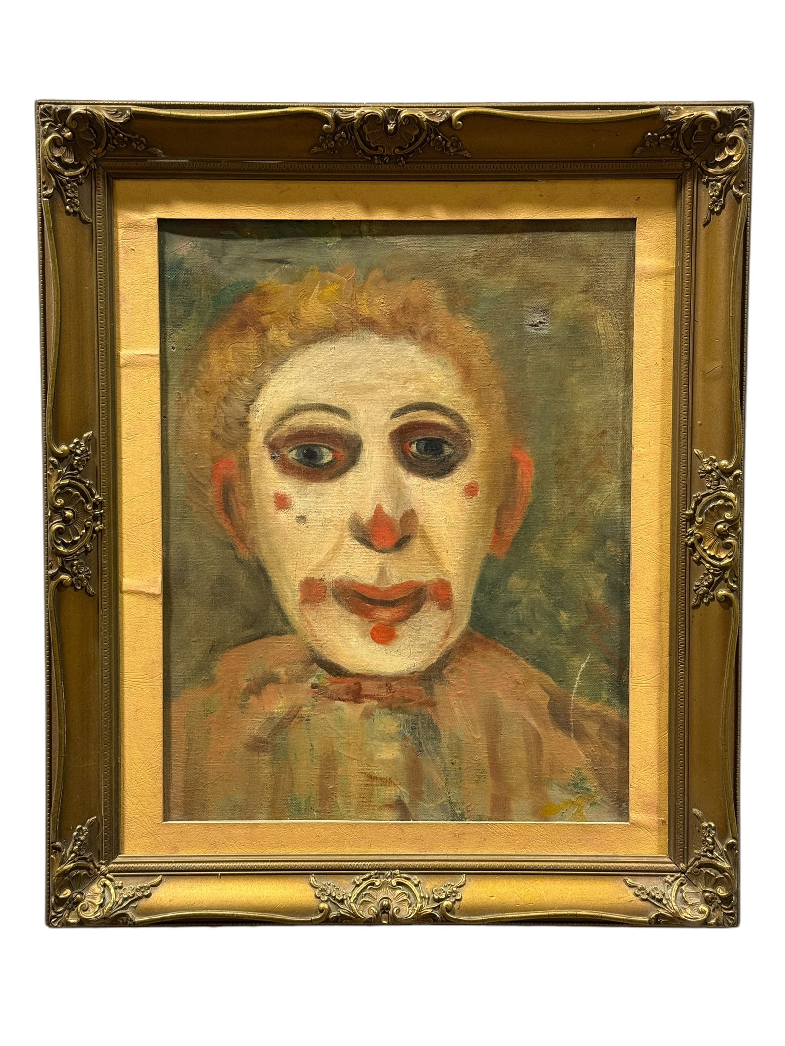 Antique Oil on Canvas Painting of Clown: Antique Oil on Canvas Painting of Clown. Artist Unknown. Painting measures 15" x 11.75". Frame measures 20.5" x 17.5".