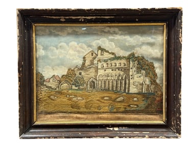 Framed 18th C. English "Buildwas Abbey Institution" Needlework