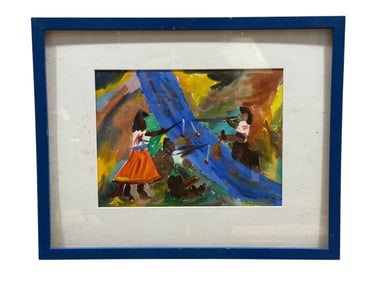 Signed Woodie Long Folk Art Watercolor Painting