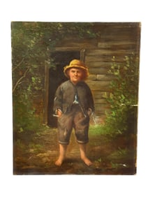 Antique Oil on Canvas Portrait of Young Boy