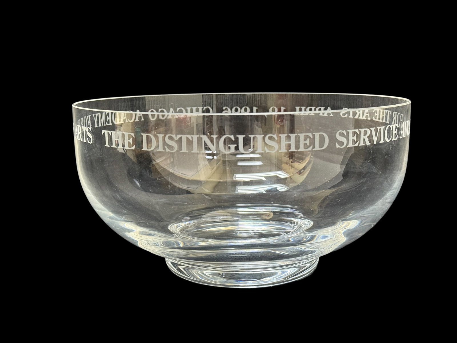 Tiffany & Co. "Distinguished Service Award" Crystal Bowl: Tiffany & Co. "Distinguished Service Award" Crystal Bowl. Tiffany & Co. marking on the bottom but hard to see. Bowl was warded to The Chicago Academy for the Arts in 2001. Measures 5.25" H x 10" W x 1